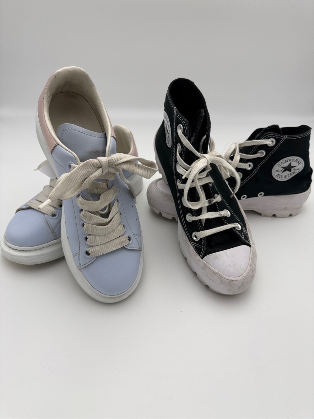 Bundle of Alexander McQueen Pastel Blue Sneakers with Pink Heel Tab and Converse